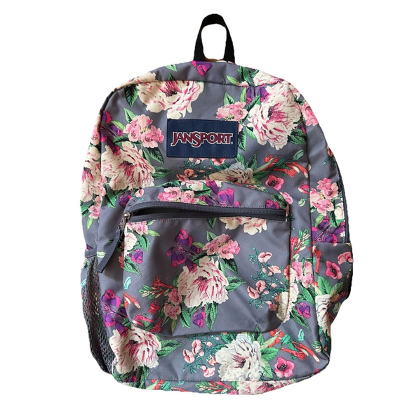 JanSport Cross Town School Backpack With Front Pocket Grey Bouquet Floral Print - Picture 2 of 15